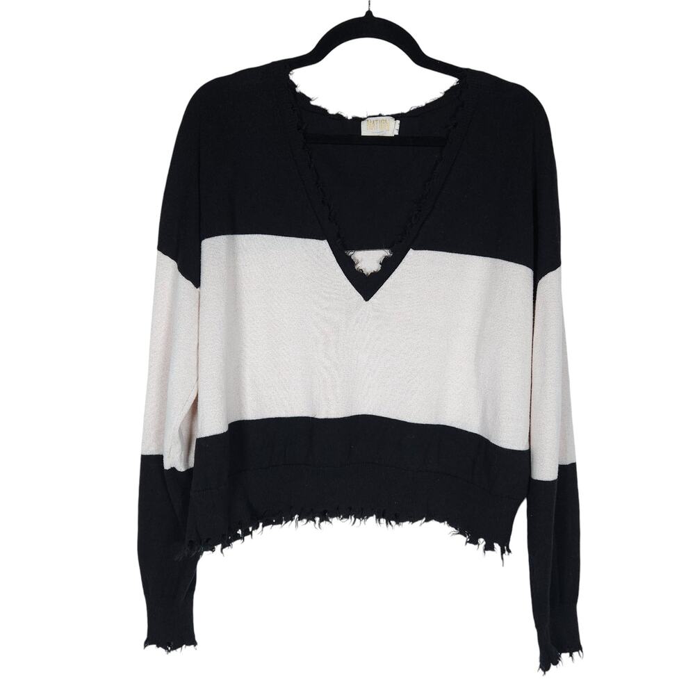Nation LTD Womens Jolie Sweater Medium Black White Stripe Alpaca Blend Deep V